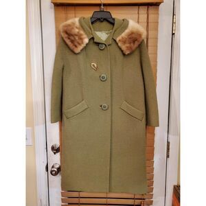 Vintage Green Tweed Wool Swing Coat Fur Collar
